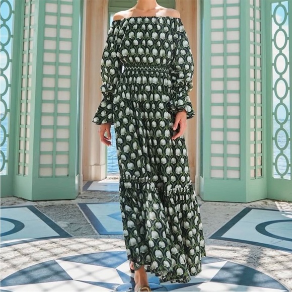 Agua by Agua Bendita Almendra Maxi Dress Perla Off Shoulder Green White L NWT - Picture 1 of 11